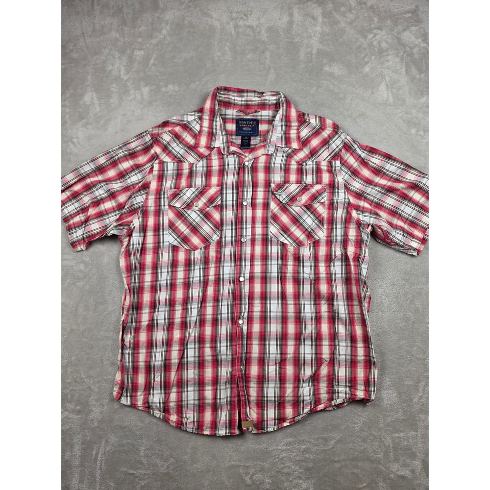 Smith's Workwear Pearl Snap Shirt Mens 2XL Red Plaid Short Sleeve Western Cotton